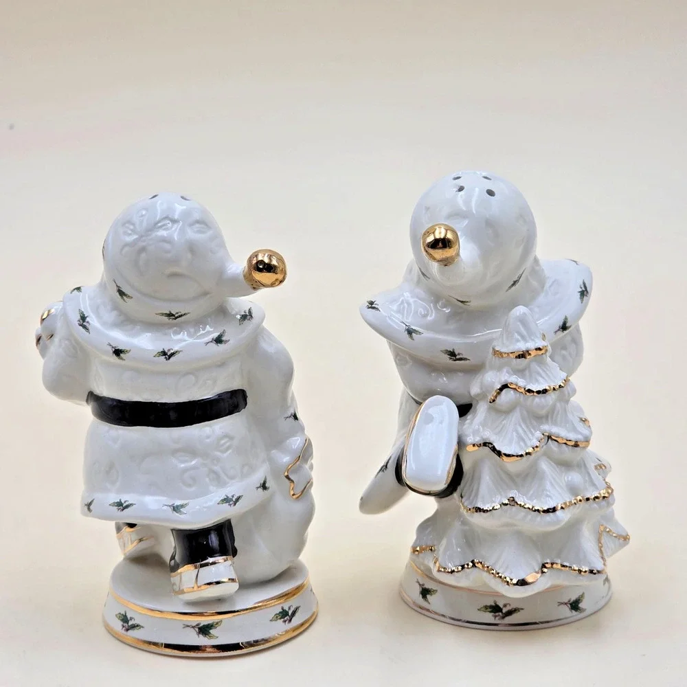 Holly Holiday Santa Ceramic Salt & Pepper Shakers Gold Trim Home Vintage 1999